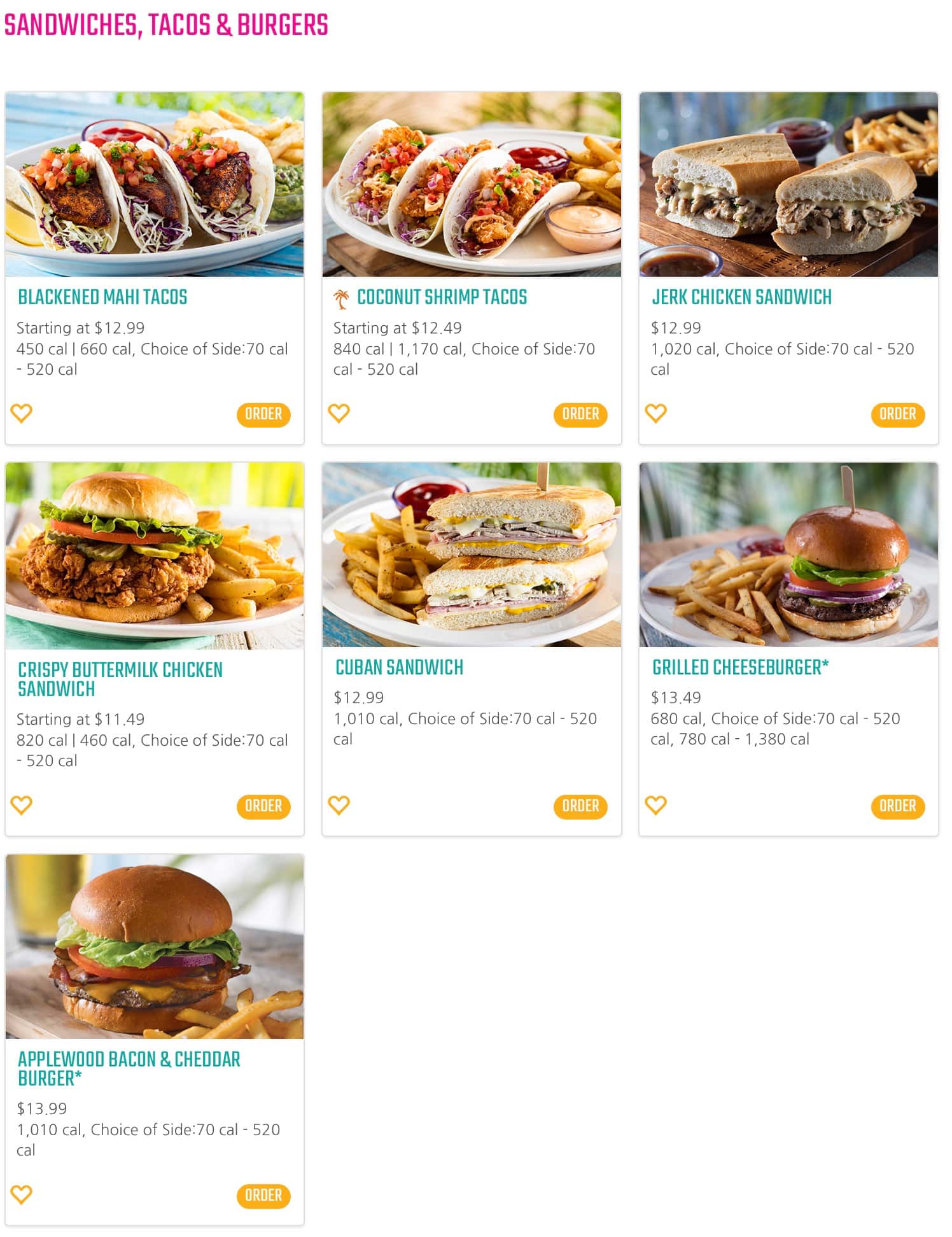 Bahama Breeze Menu with Prices Sandwiches, Tacos, and Burgers Menu