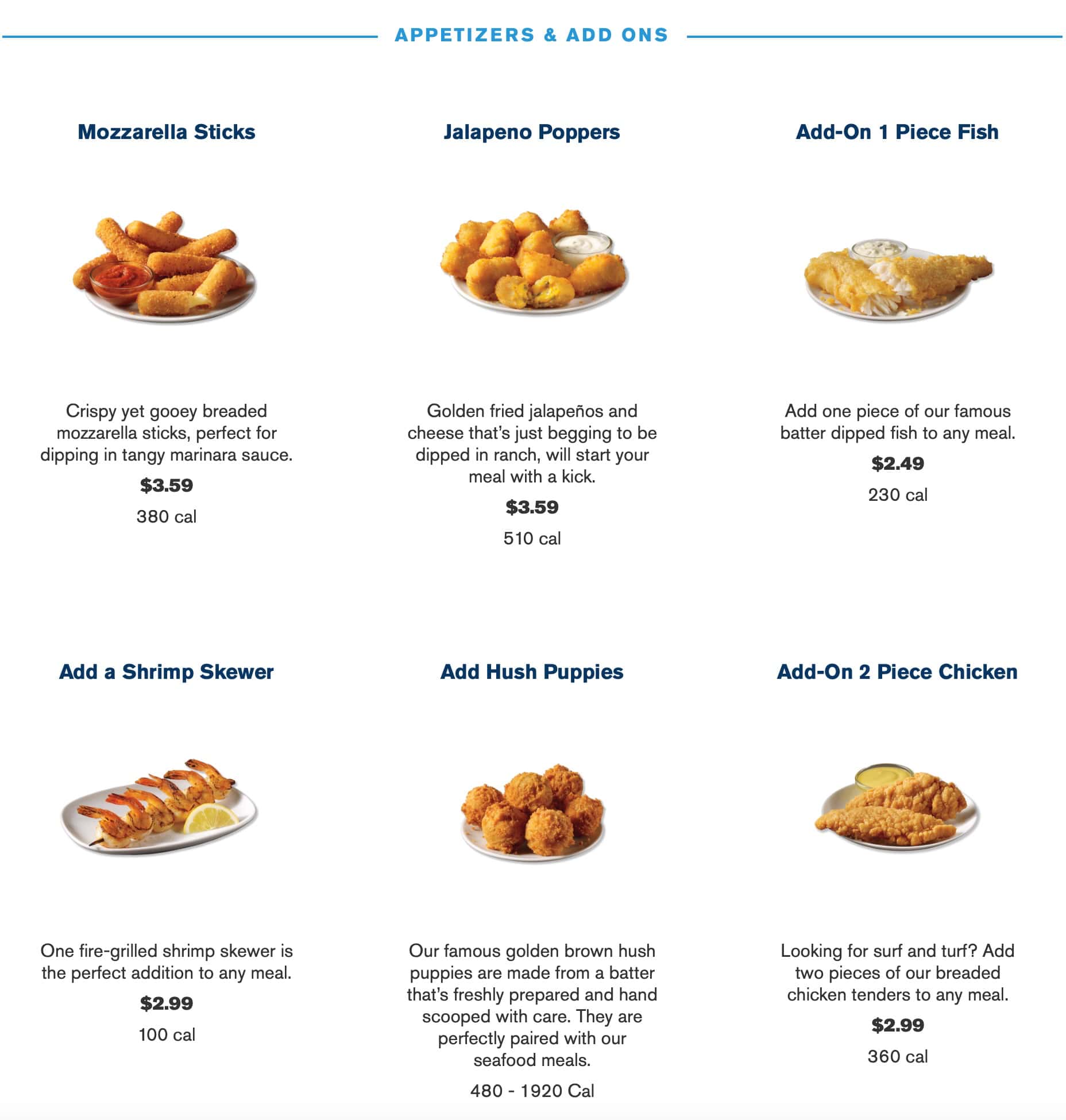 Captain D's Appetizers and Add Ons Menu