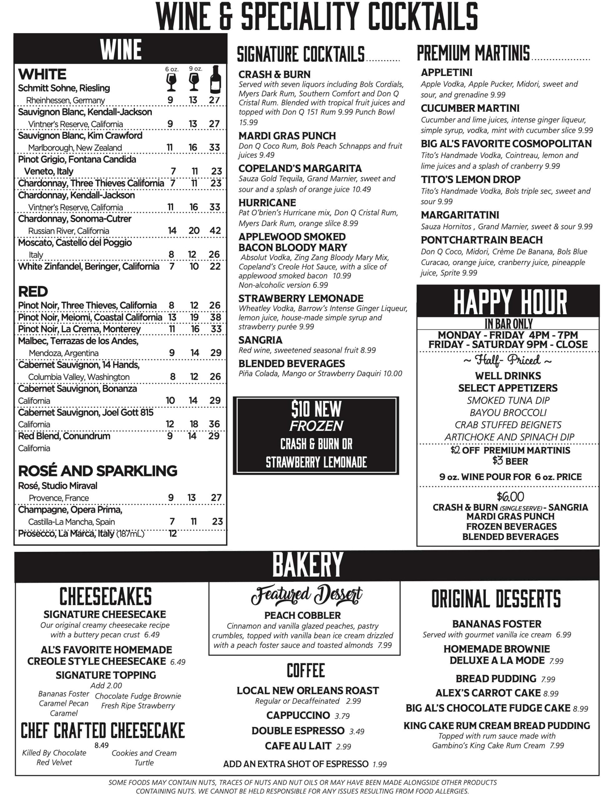 Copeland's of New Orleans Drinks and Bakery Menu