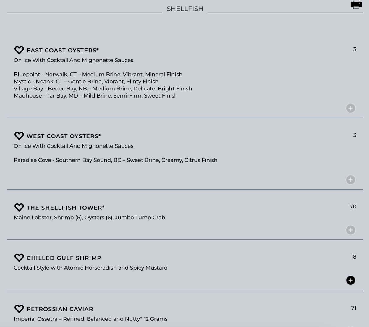 Eddie V's Prime Seafood Shellfish Menu