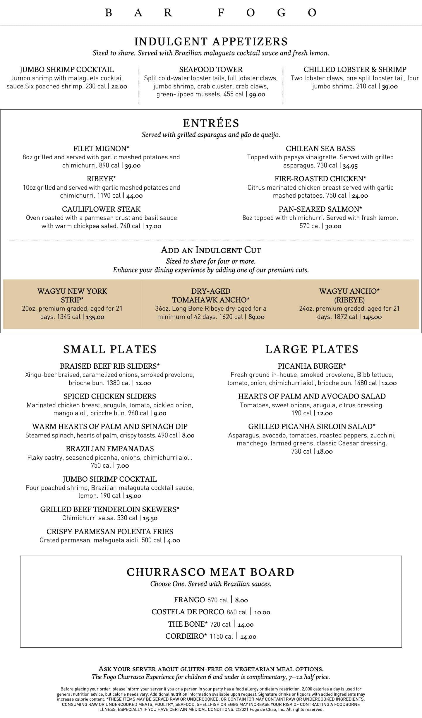 Fogo de Chao Bar Fogo Menu