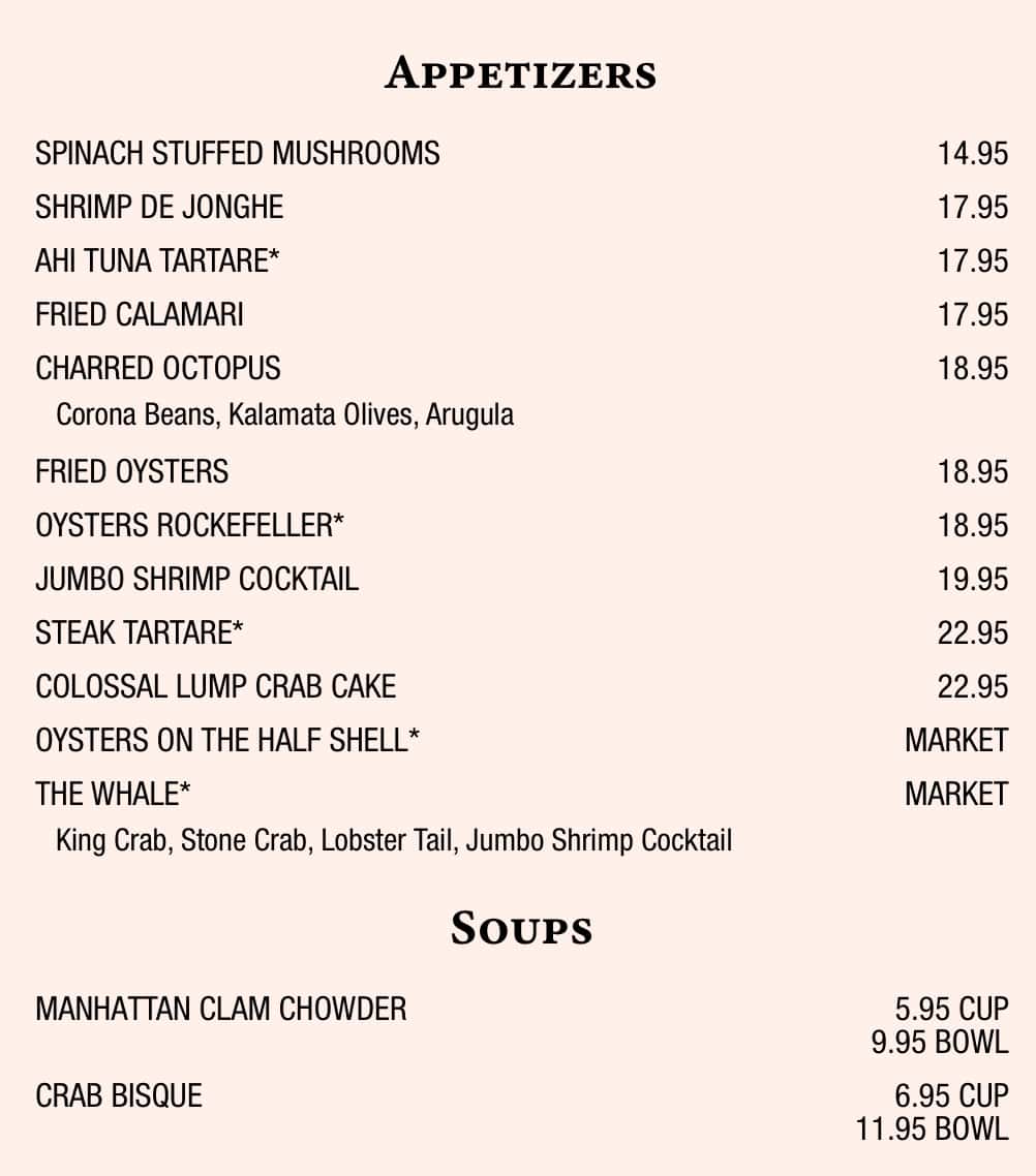 Joe's Seafood, Prime Steak, and Stone Crab Appetizers and Soups Menu