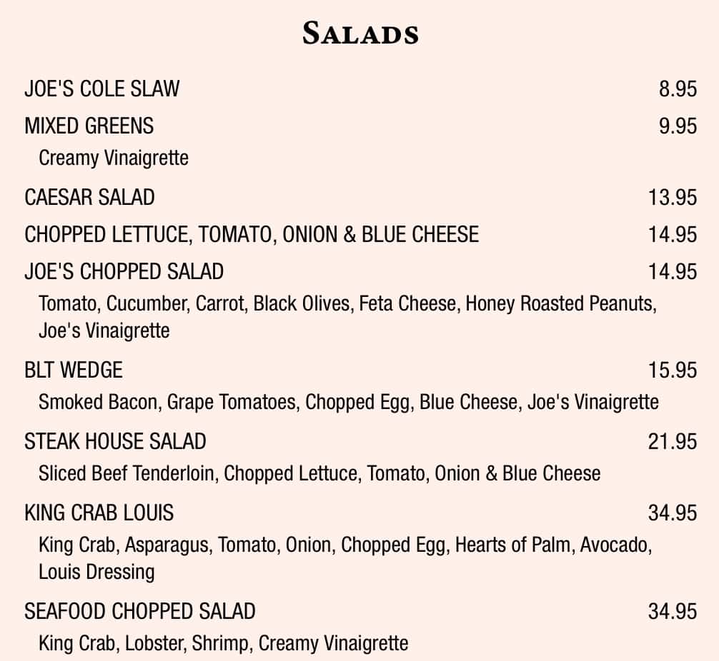 Joe's Seafood, Prime Steak, and Stone Crab Salads Menu