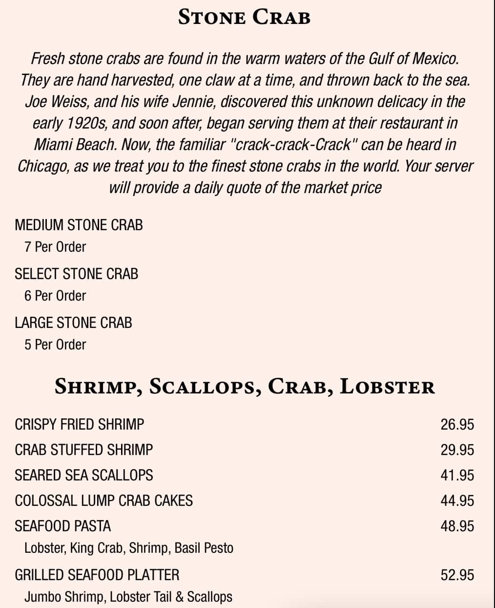 Joe's Seafood, Prime Steak, and Stone Crab Stone Crab, Shrimp, Scallops, Crab, and Lobster Menu