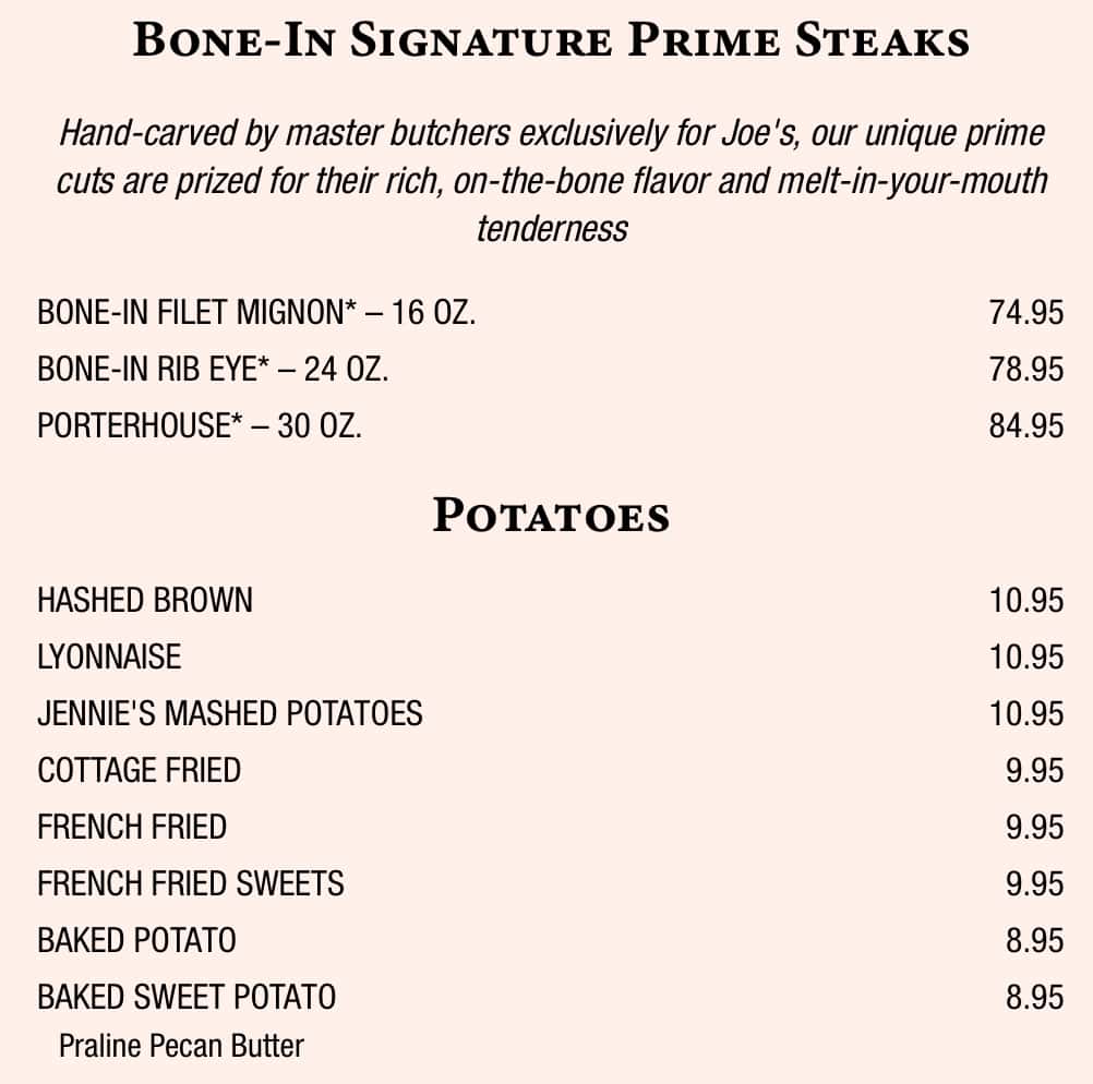 Joe's Seafood, Prime Steak, and Stone Crab Signature Prime Steaks and Potatoes Menu