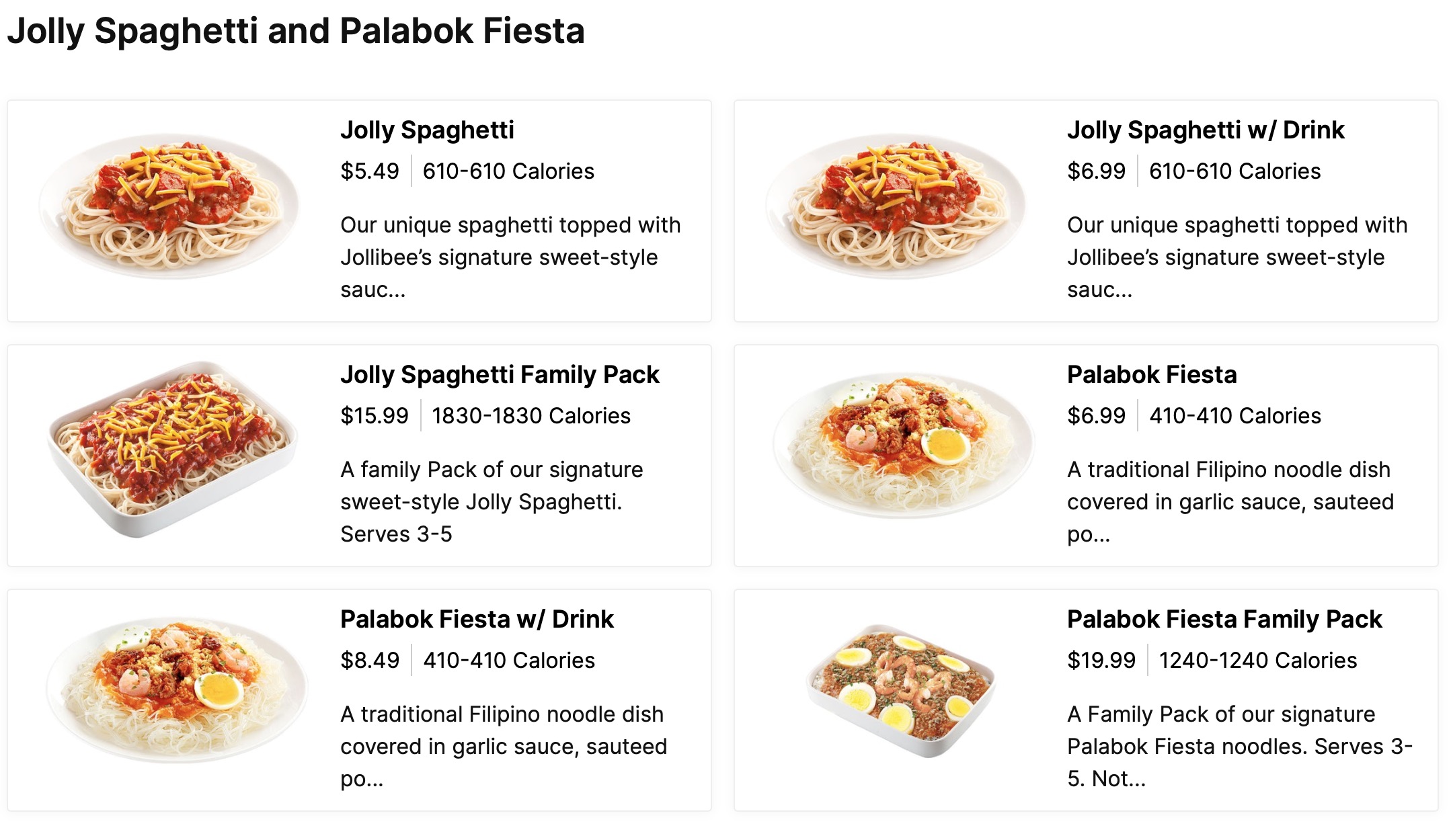 Jollibee Spaghetti and Palabok Fiesta Menu