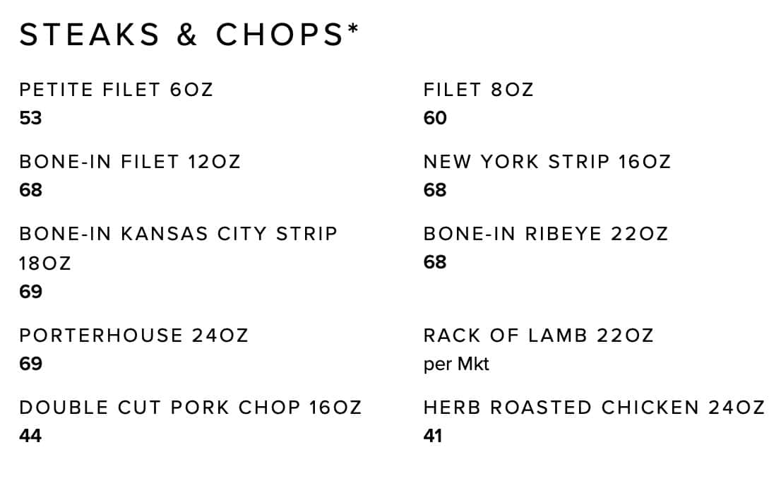 Mastro's Steakhouse Steaks and Chops Menu