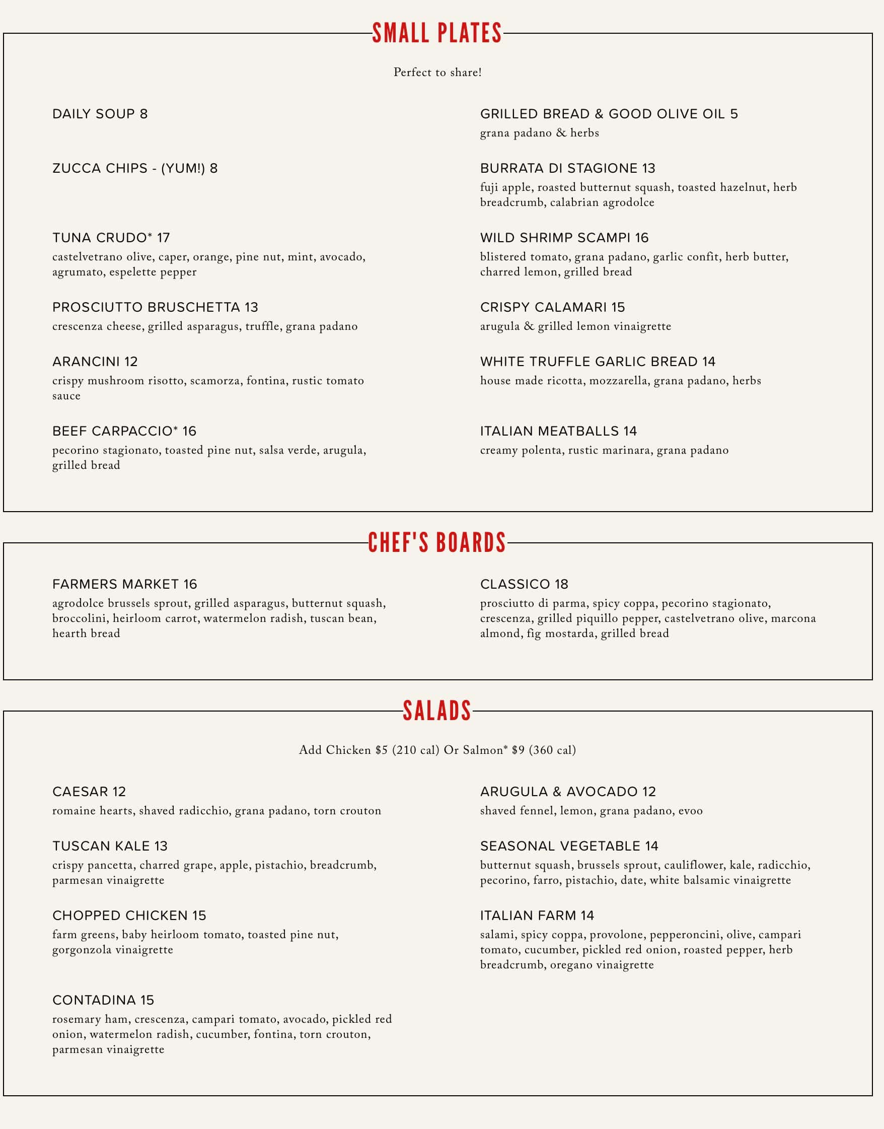 NoRTH Italia Lunch Menu
