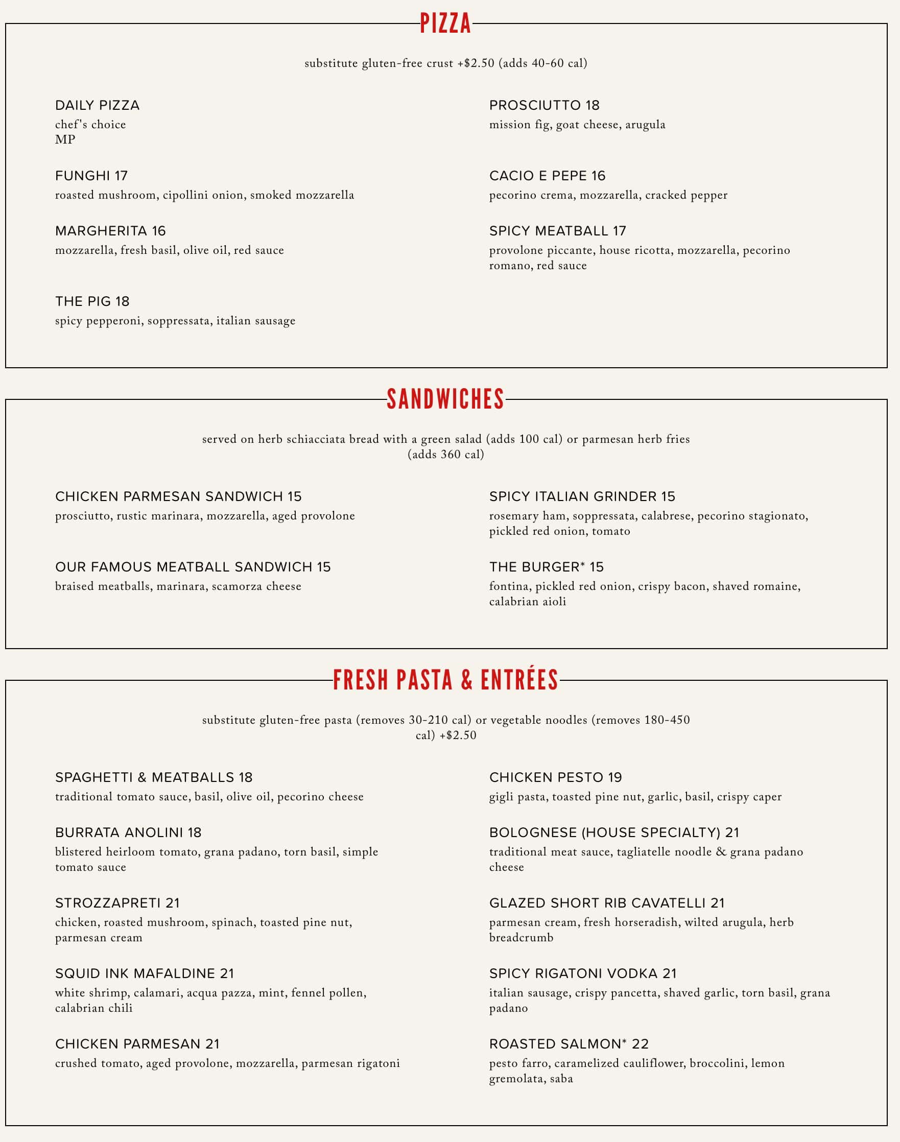 NoRTH Italia Lunch Menu