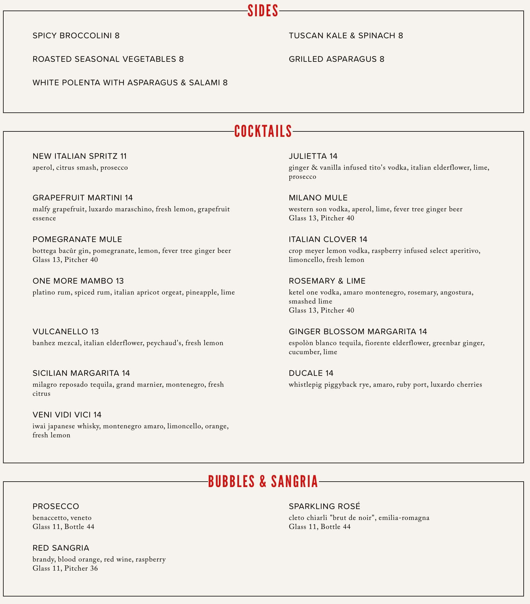 NoRTH Italia Lunch Menu
