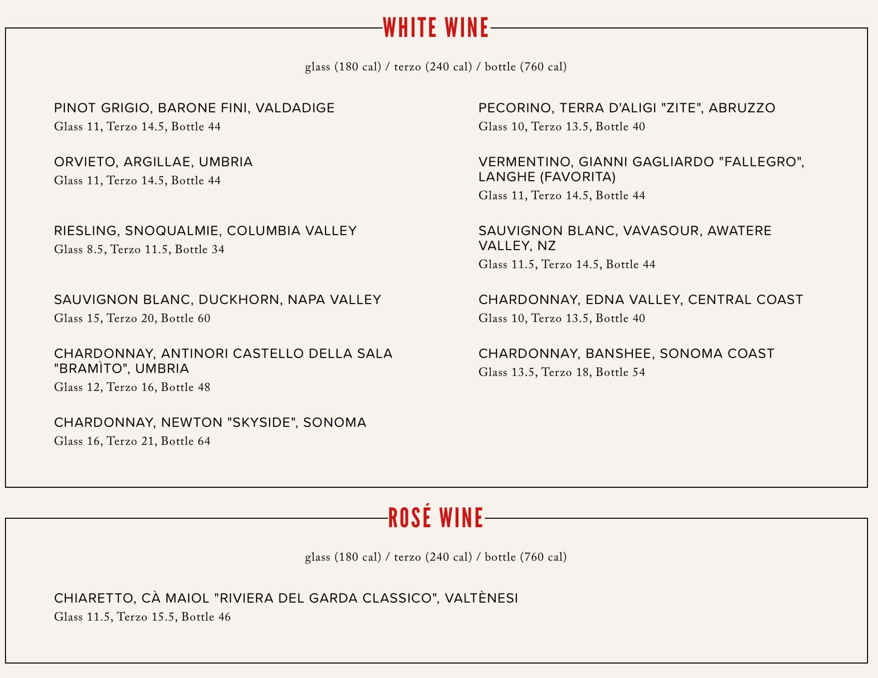 NoRTH Italia Lunch Menu