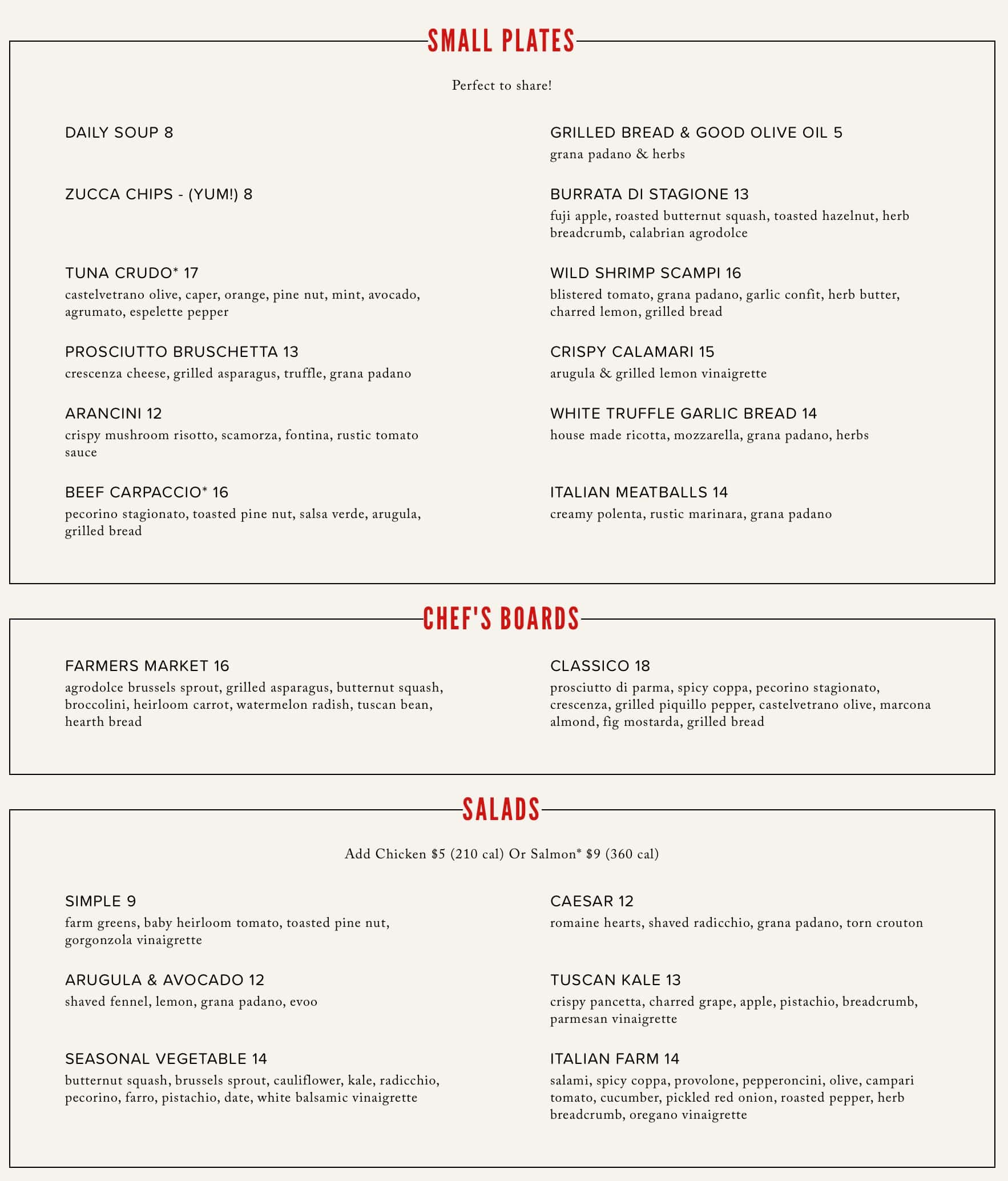 NoRTH Italia Dinner Menu