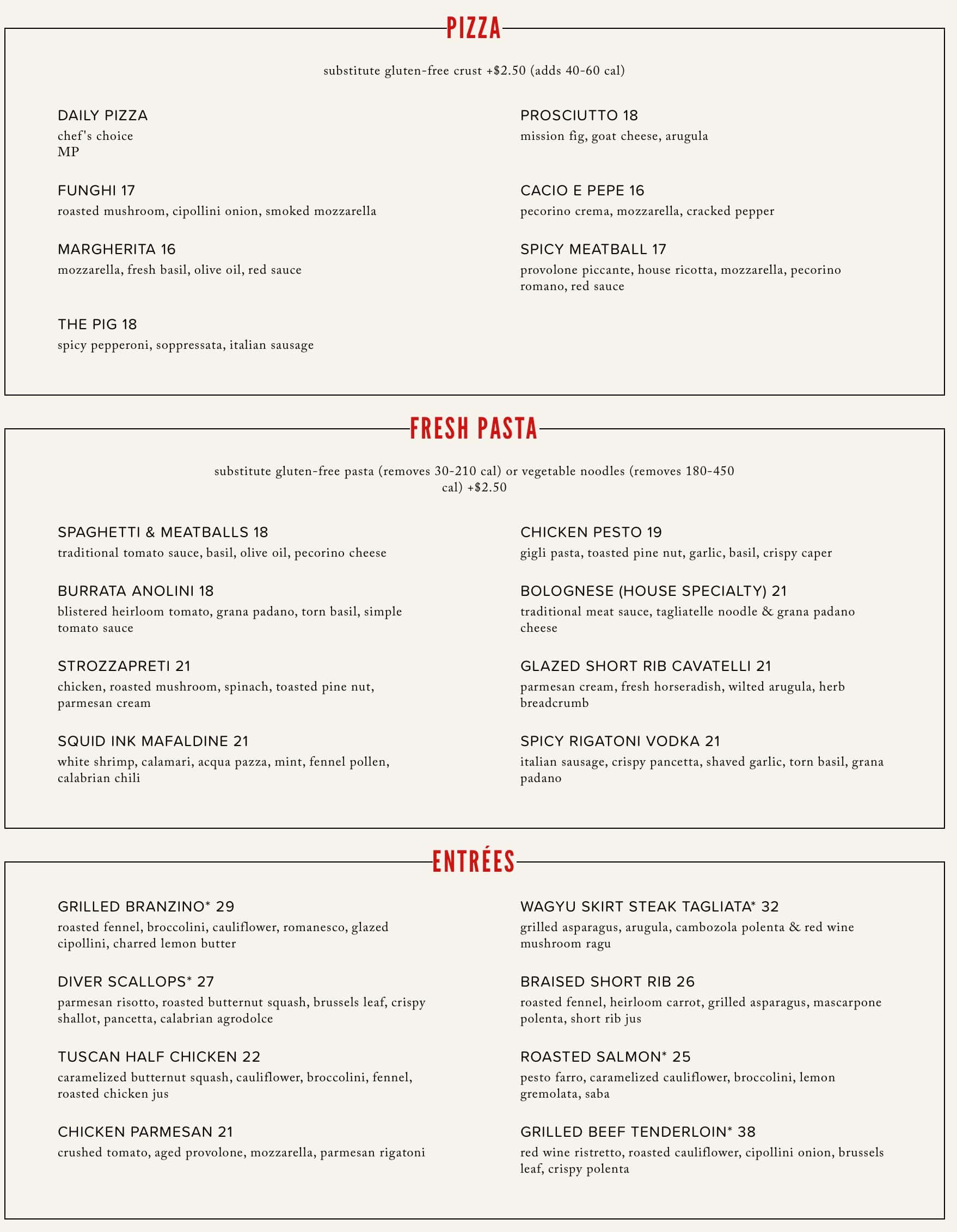 NoRTH Italia Dinner Menu