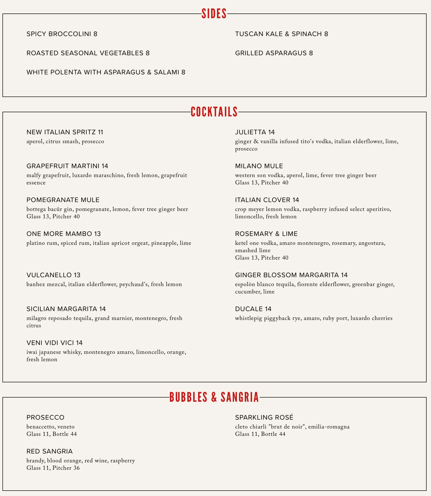 NoRTH Italia Dinner Menu