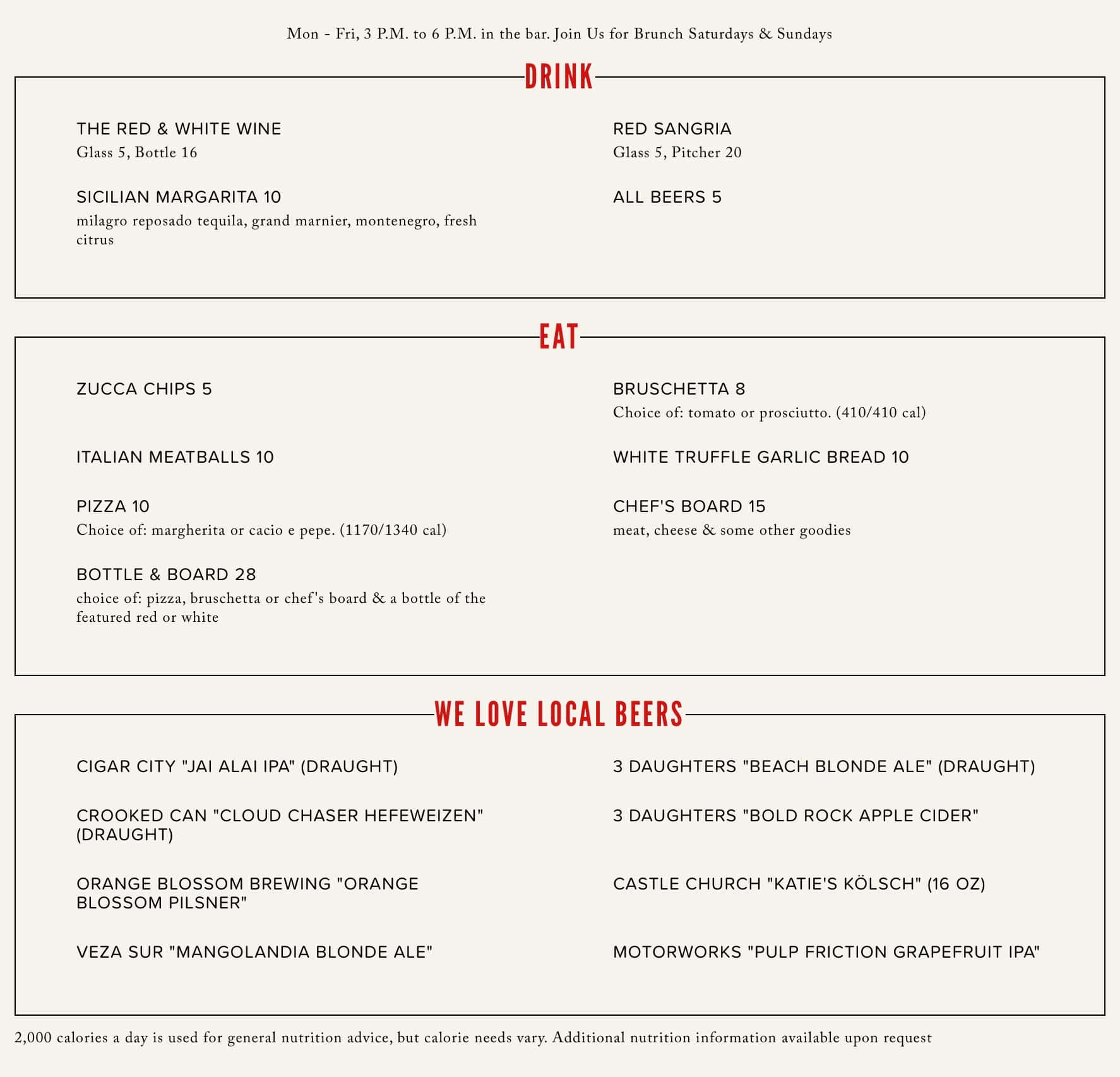 NoRTH Italia Happy Hour Menu