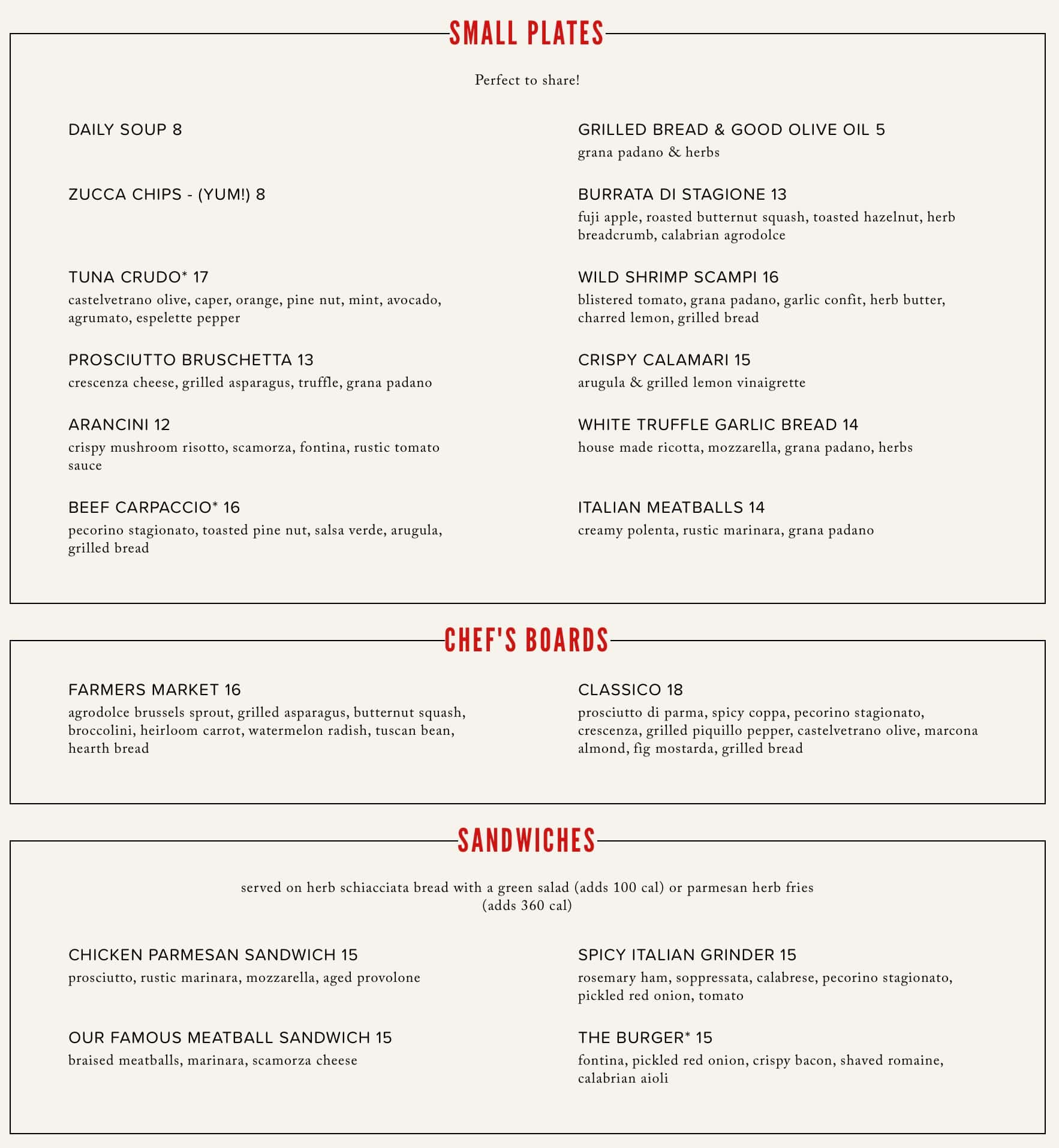 NoRTH Italia To-Go Menu