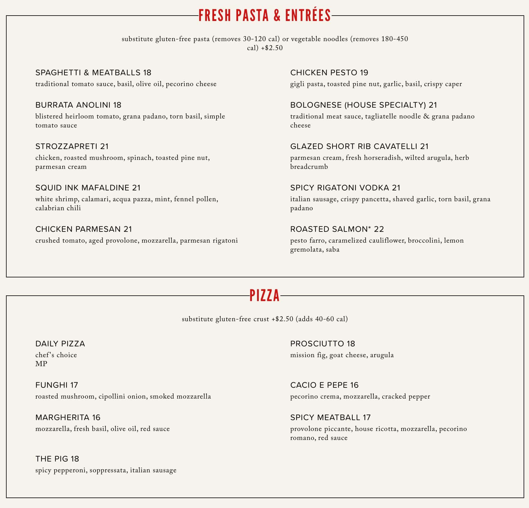 NoRTH Italia To-Go Menu