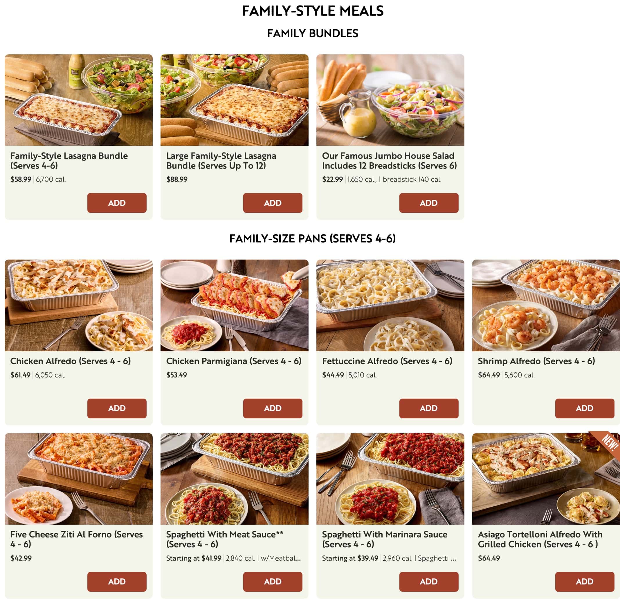 Olive Garden Mobile Family Style Meals Menu