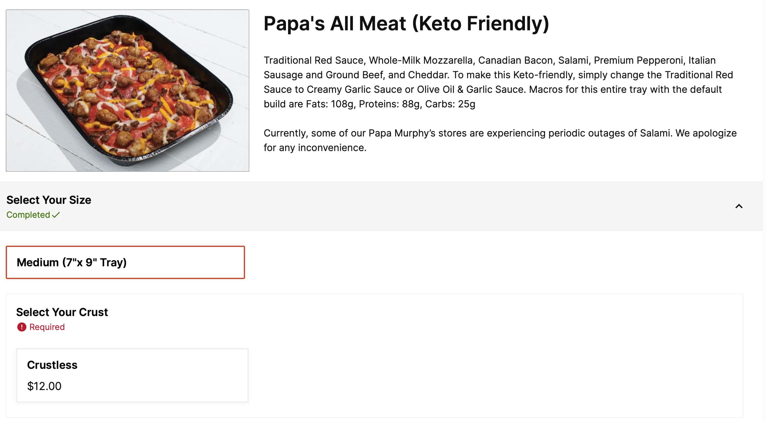 Papa Murphy's Crustless Keto Friendly Pizzas Menu