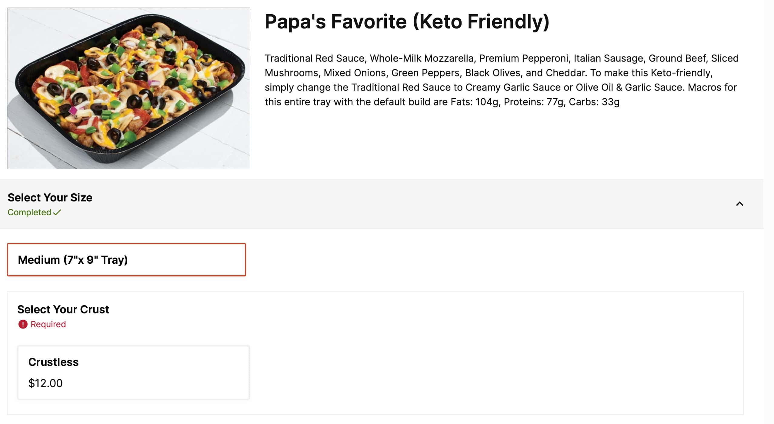 Papa Murphy's Crustless Keto Friendly Pizzas Menu