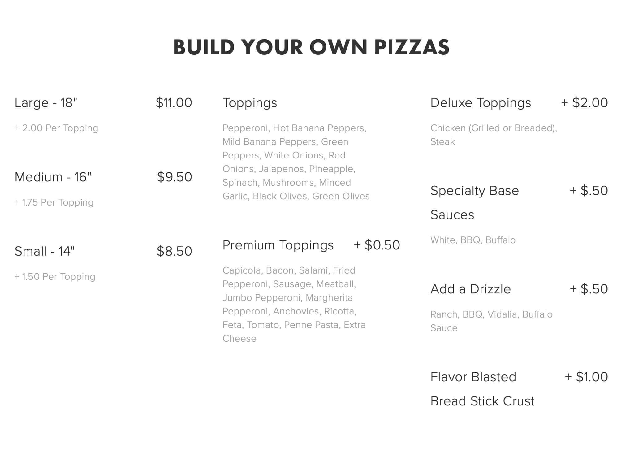 Peppebroni's Pizza Build Your Own Menu