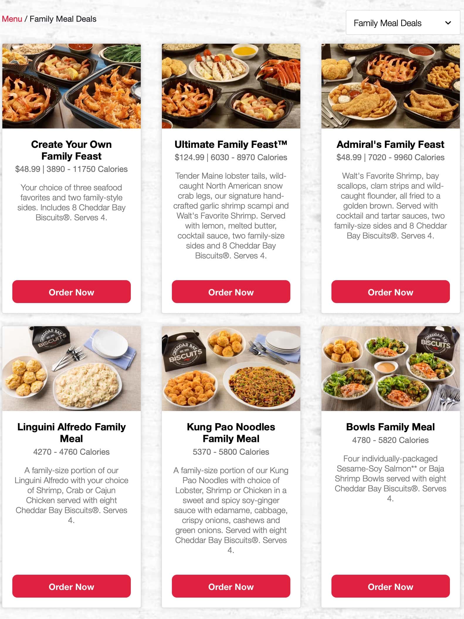 Red Lobster Family Meal Deals Menu