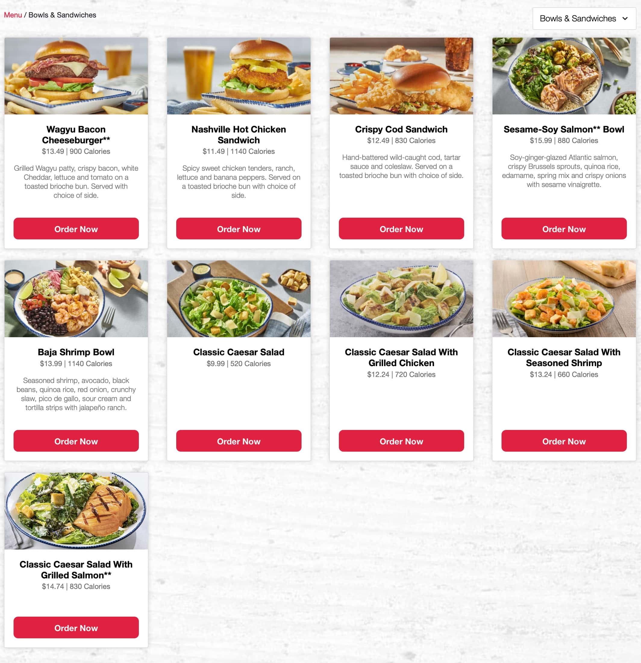 Red Lobster Bowls and Sandwiches Menu