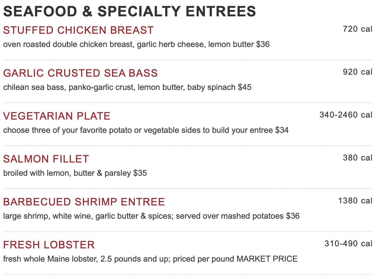 Ruth's Chris Steak House Menu With Prices - Seafood Menu
