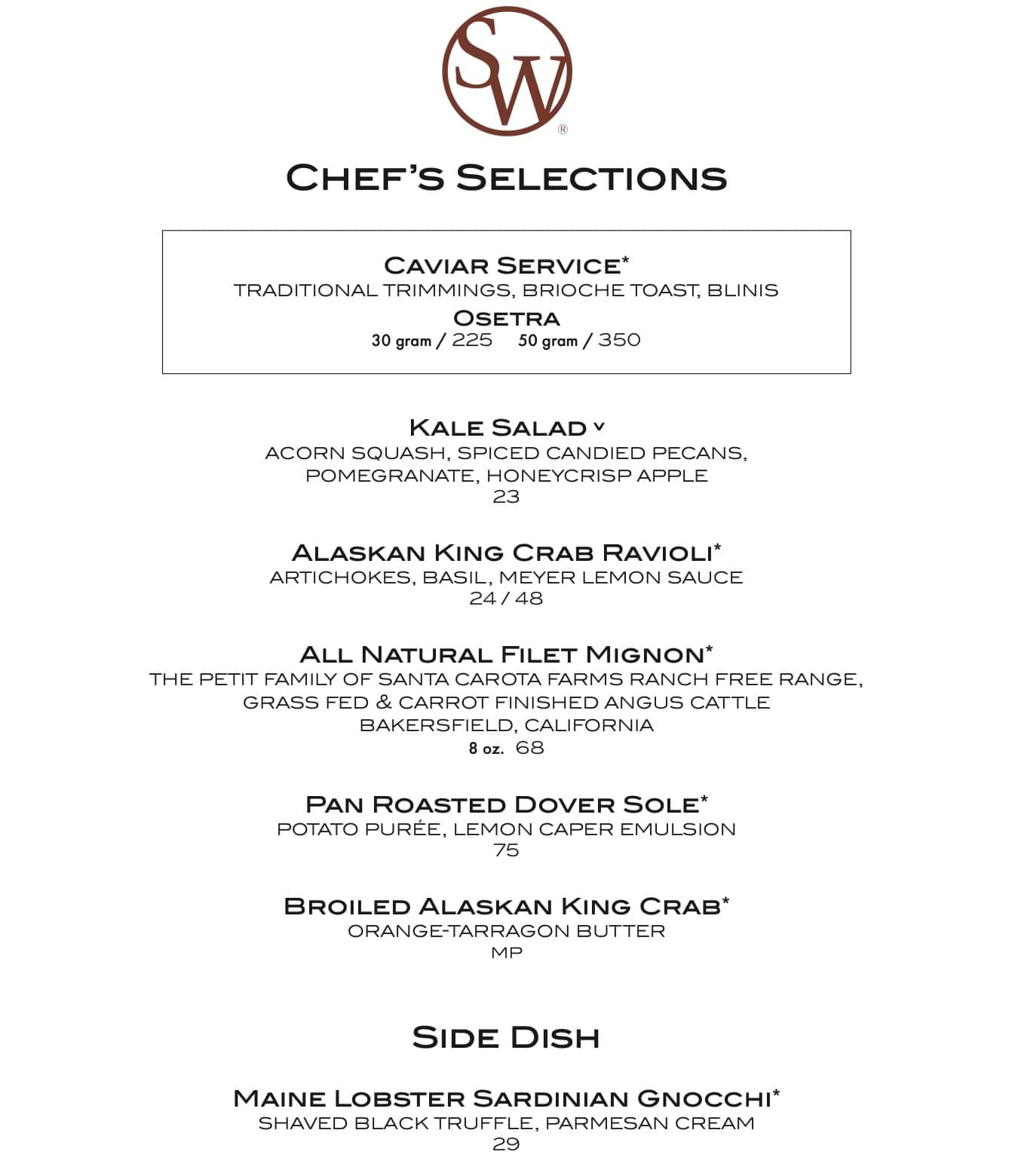 SW Steakhouse Chef/'s Selections Menu