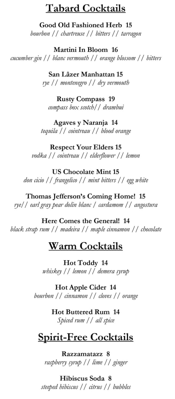 Tabard Inn Drinks Menu