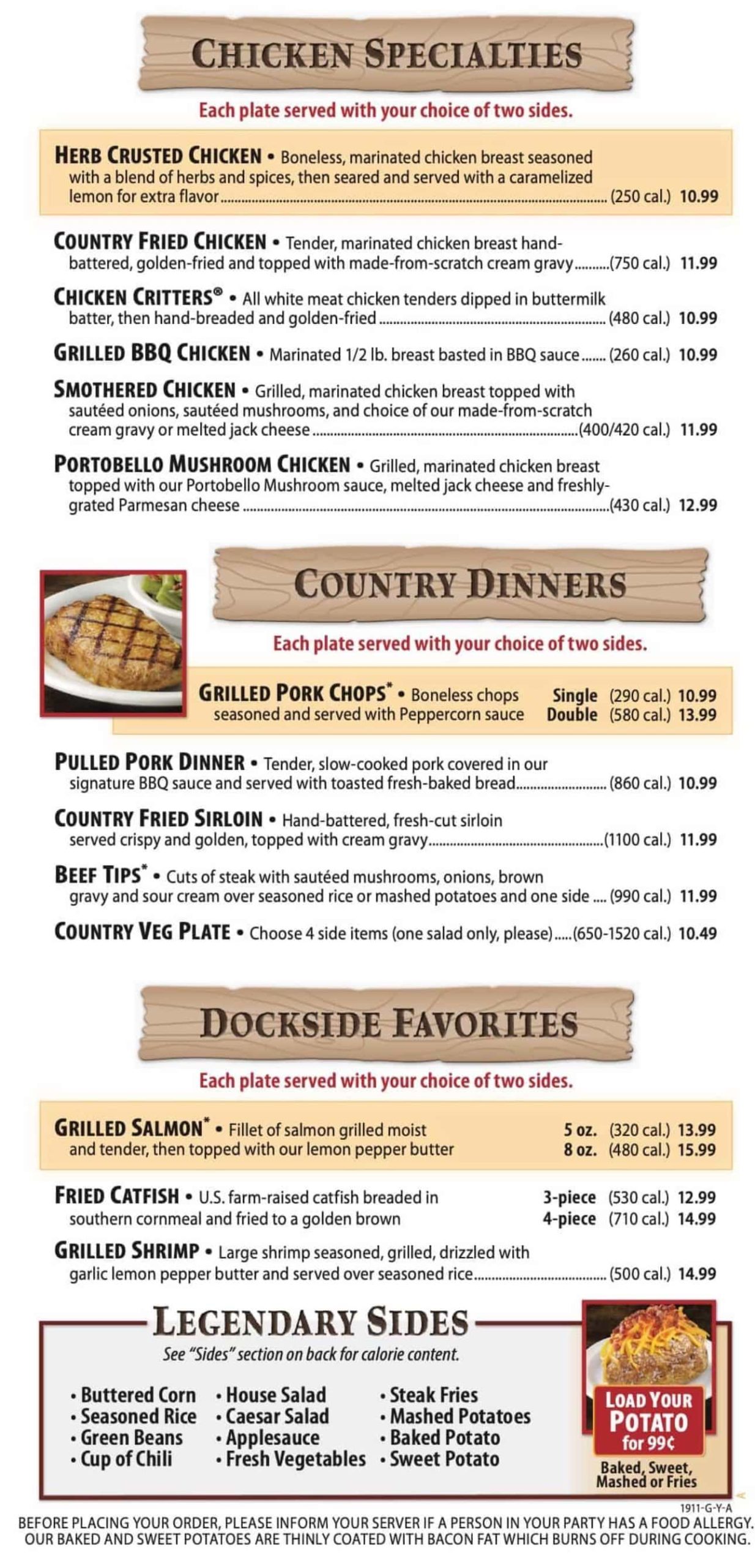 Texas Roadhouse Chicken and Country Dinners Menu