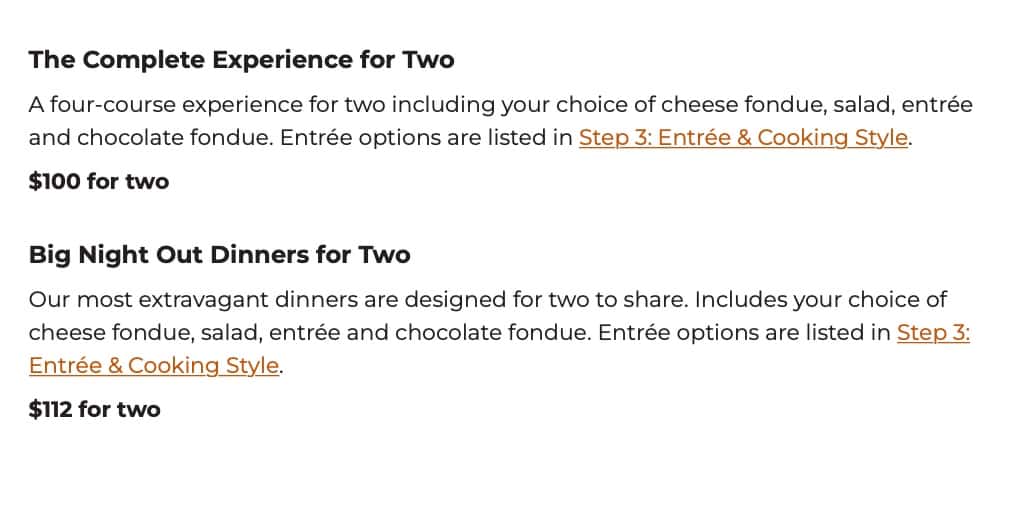 The Melting Pot Dinner for Two Menu