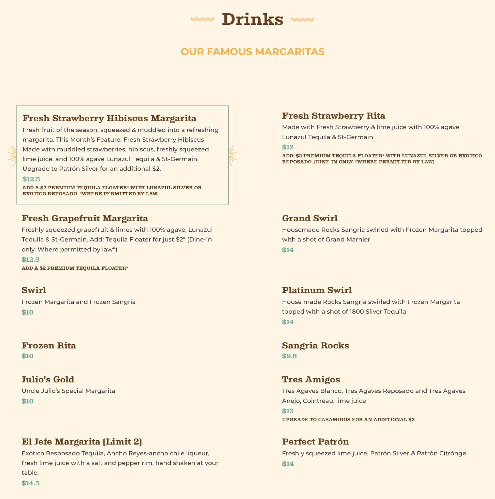 Uncle Julio's Menu With Drink Prices