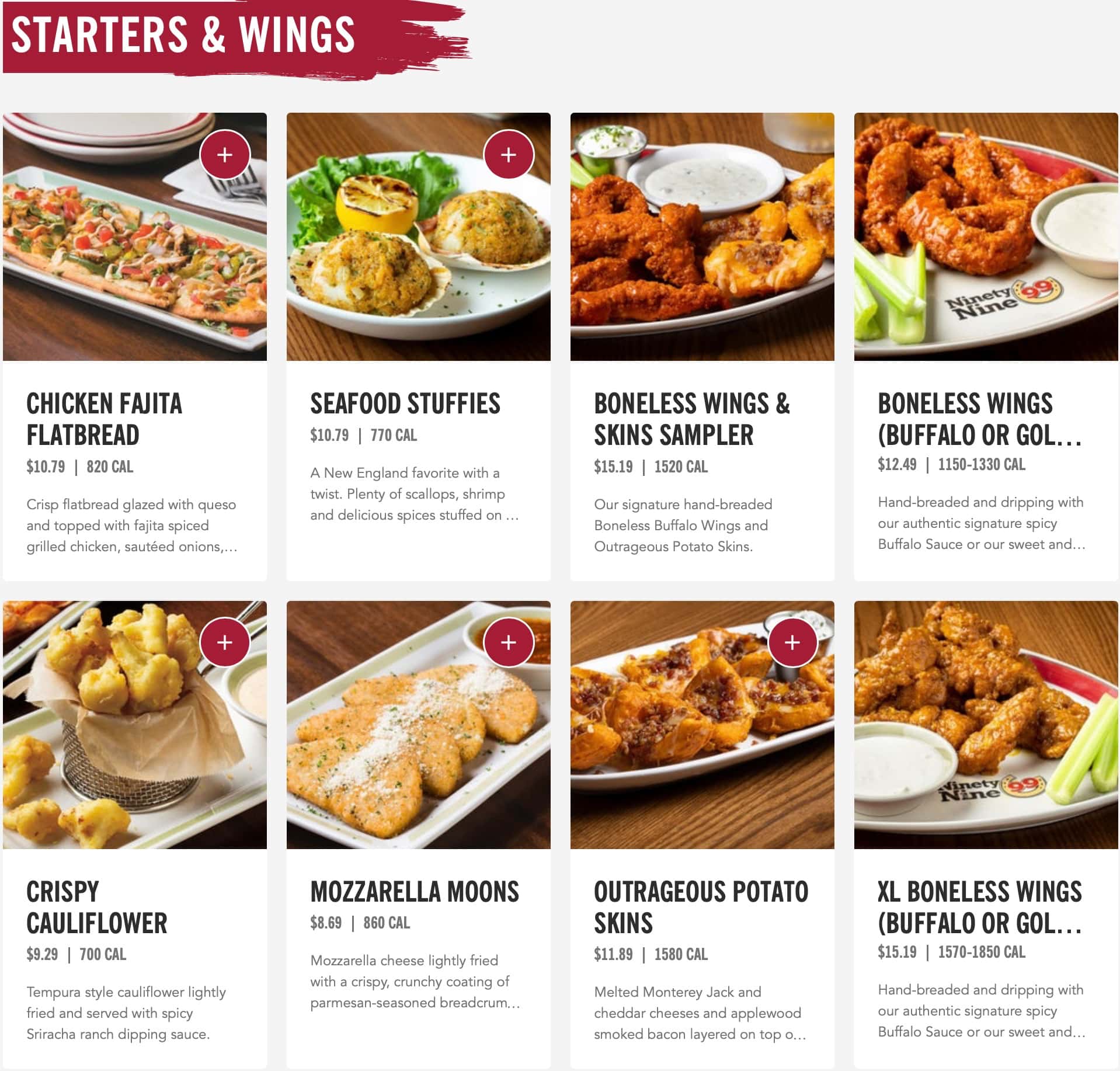 99 Restaurants Starters and Wings Menu