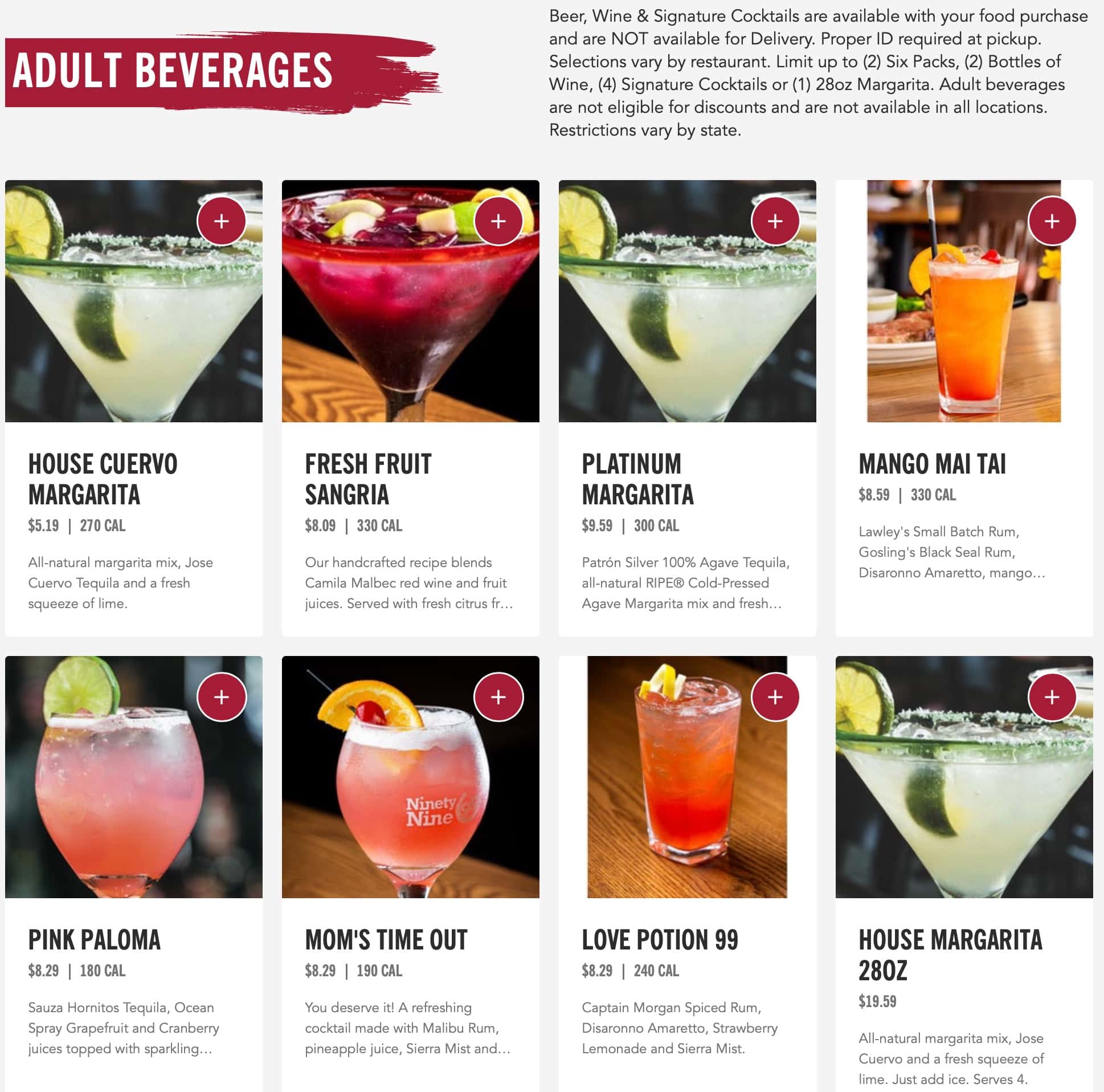 99 Restaurants Adult Beverages Menu