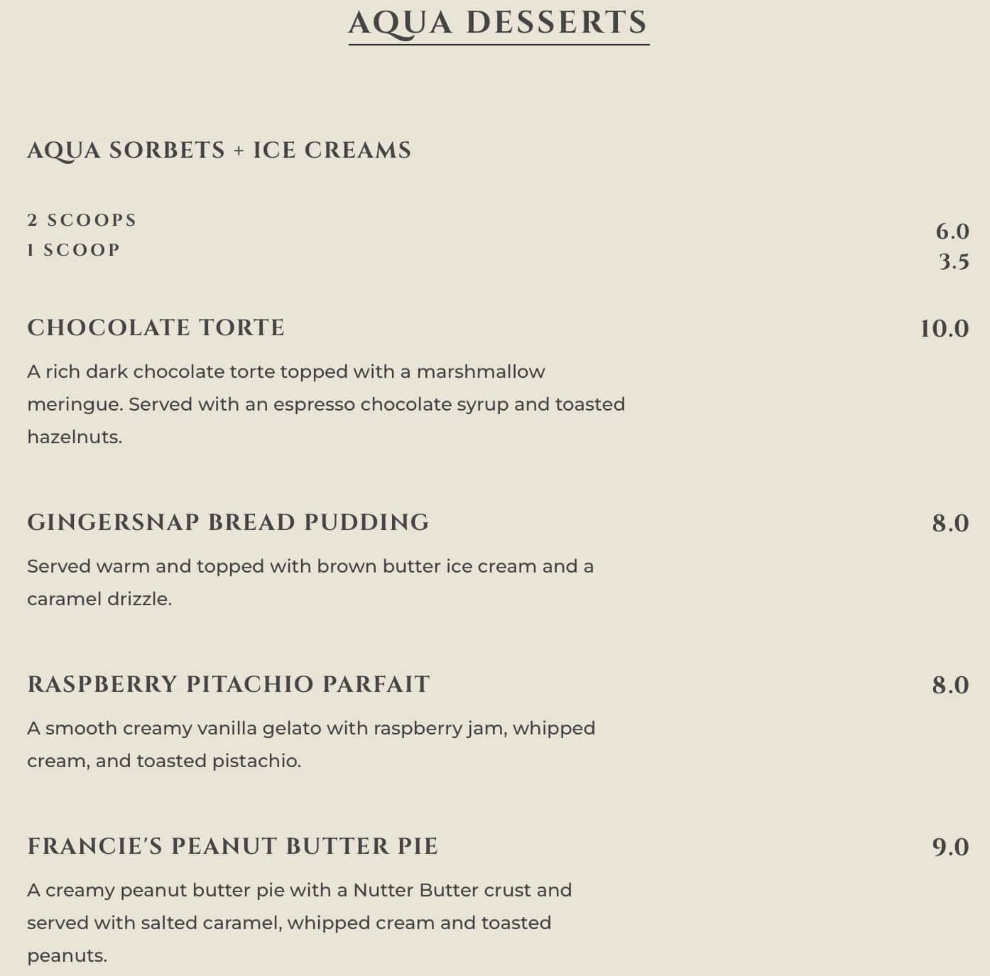 Aqua Restaurant Dessert Menu