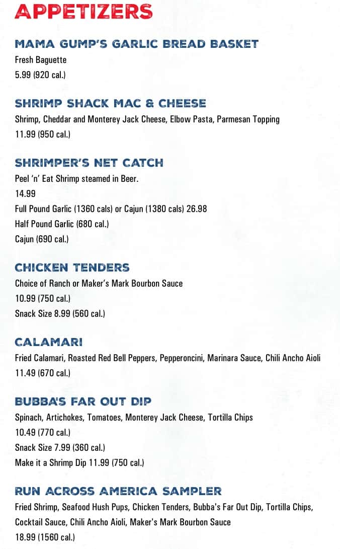 Bubba Gump Shrimp Co Appetizers Menu