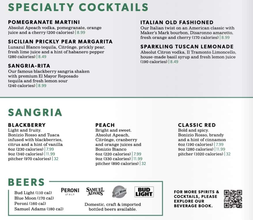 Carrabba\'s Specialty Cocktails, Sangria, and Beer Menu