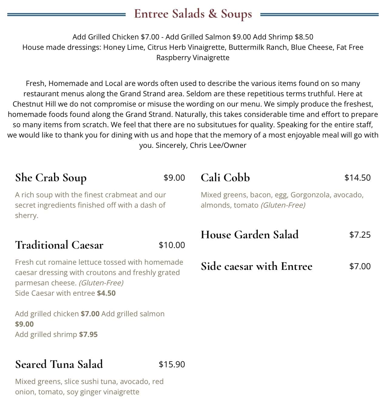 Chestnut Hill Entree Soups and Salads Menu