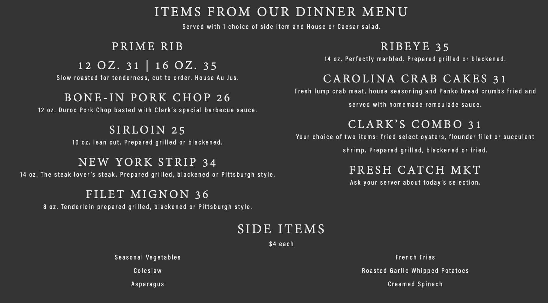Clark's Seafood and Chop House Main Menu