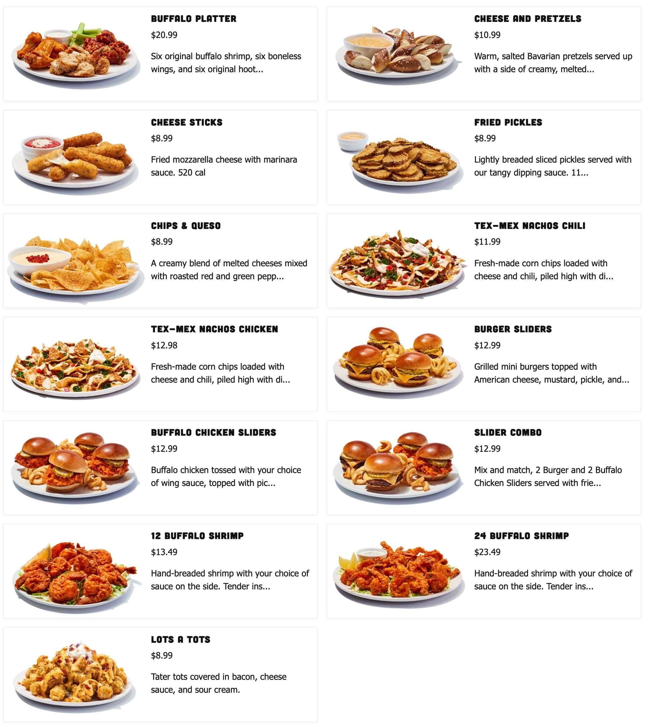 Hooters Teasers Menu