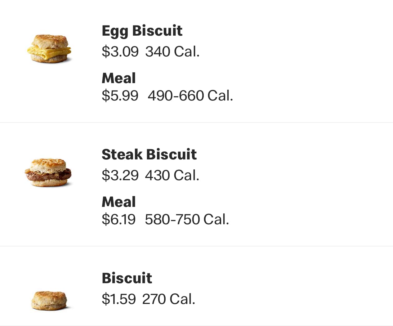 McDonald's Breakfast Sandwiches and Meals Menu