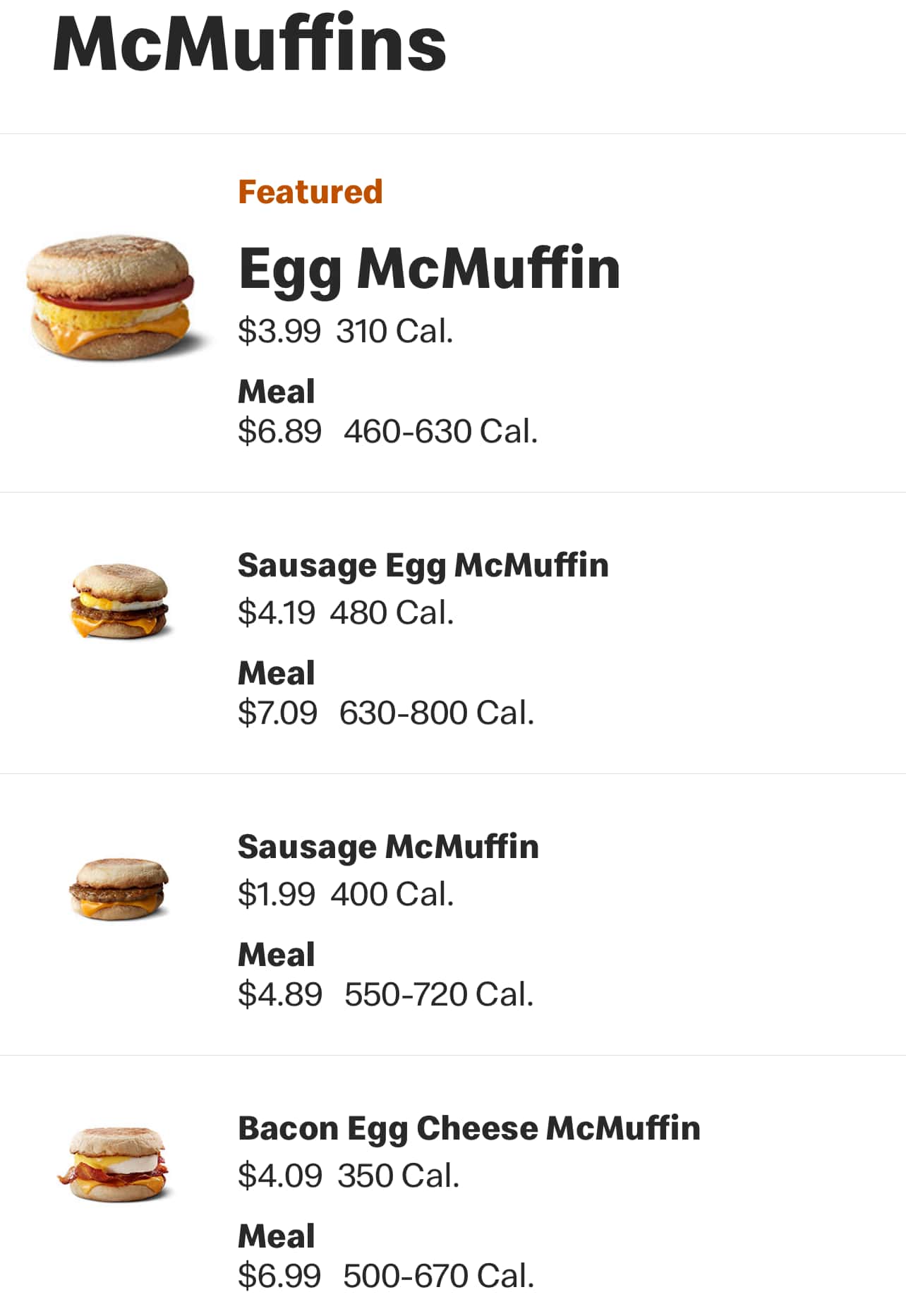 McDonald's Anchorage Breakfast Sandwiches and Meals Menu