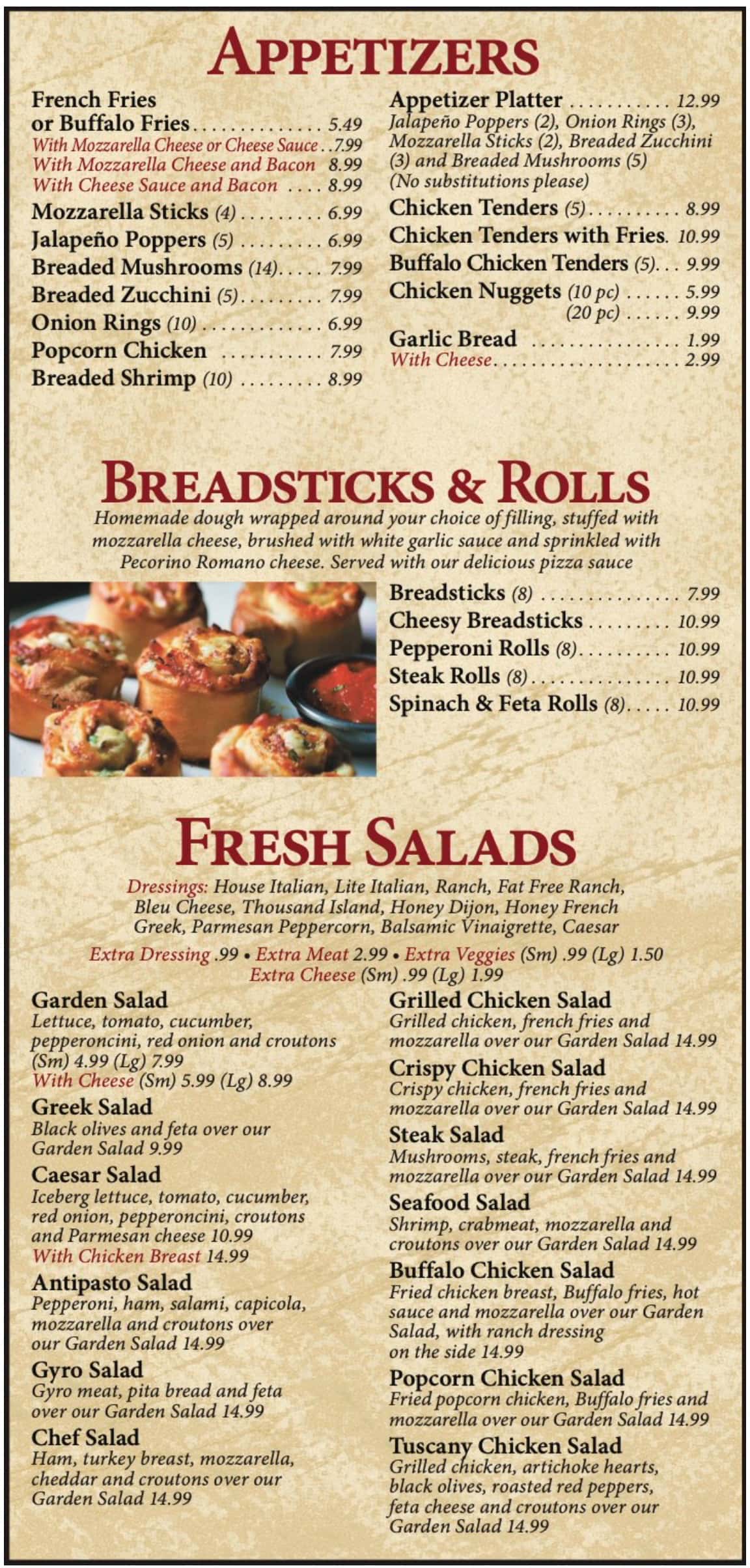 Pizza Palermo Appetizers, Breadsticks and Salads Menu