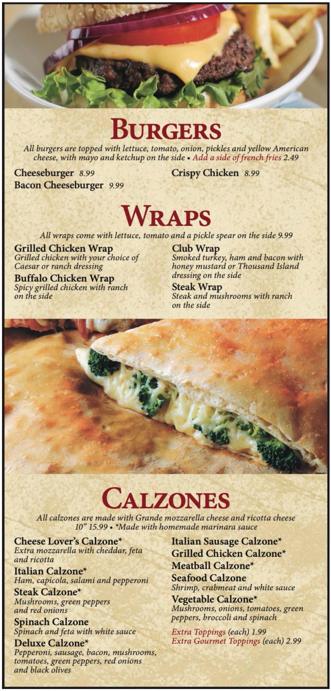 Pizza Palermo Burgers, Wraps, and Calzones Menu