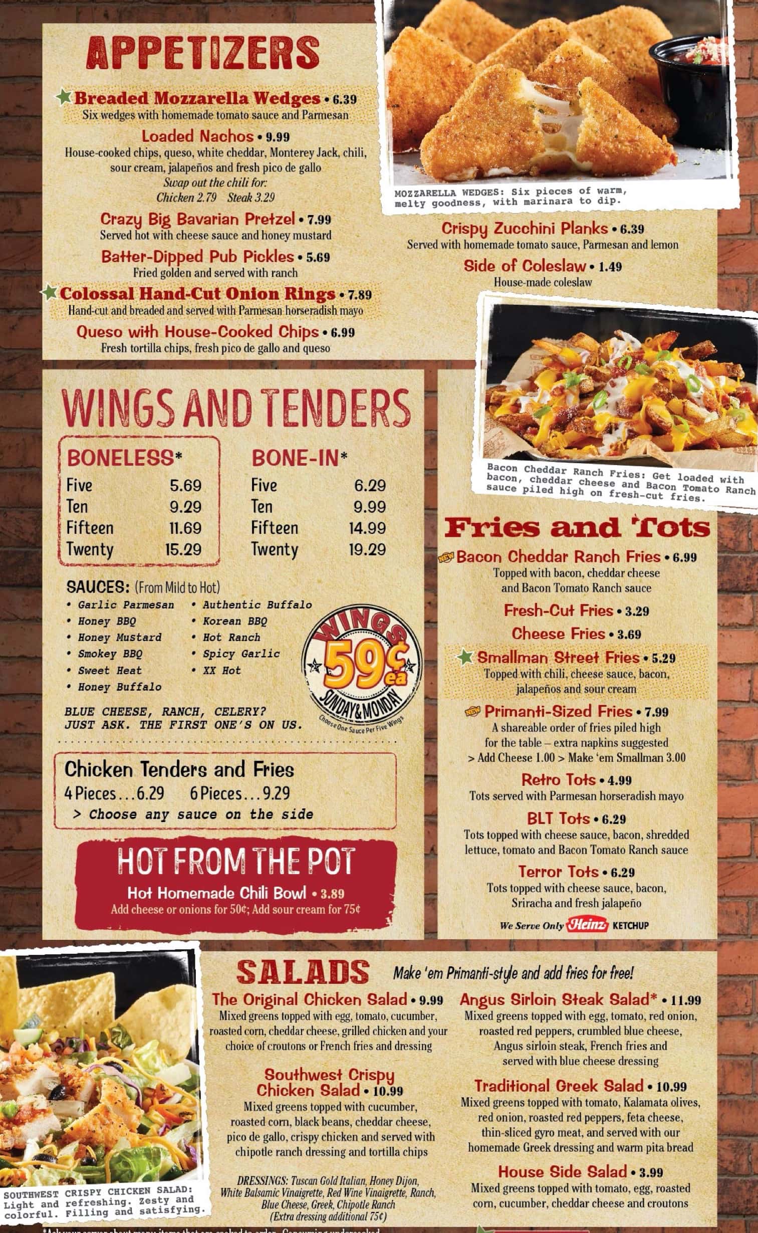 Primanti Brothers Appetizer, Wings, Fries, and Salads Menu