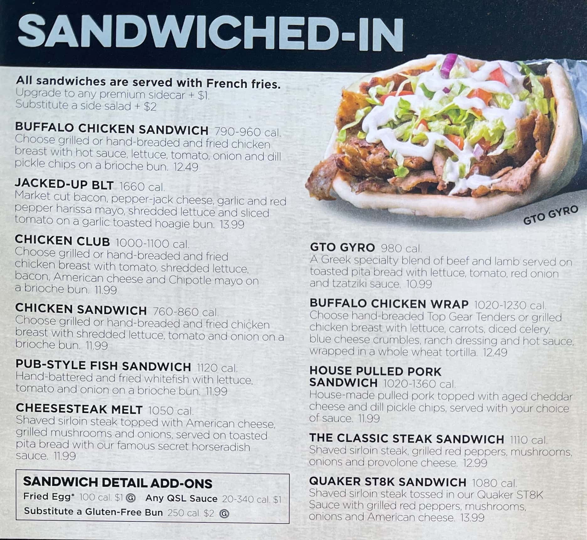 Quaker Steak and Lube Sandwiches Menu