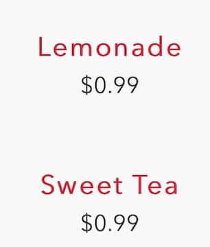 Raising Cane's  Drinks Menu