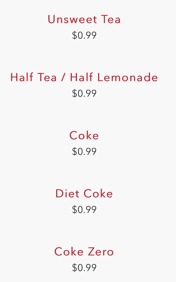 Raising Cane's  Drinks Menu