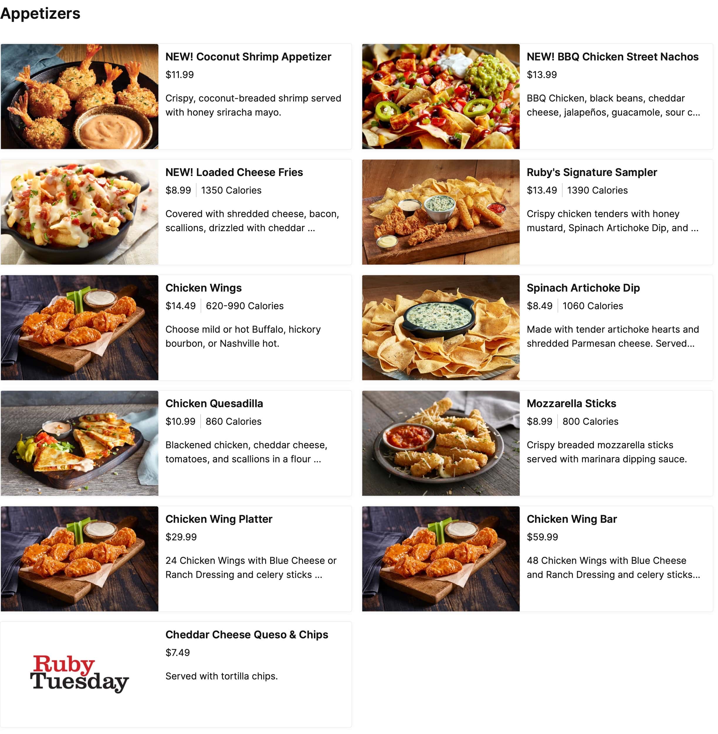 Ruby Tuesday Appetizers Menu